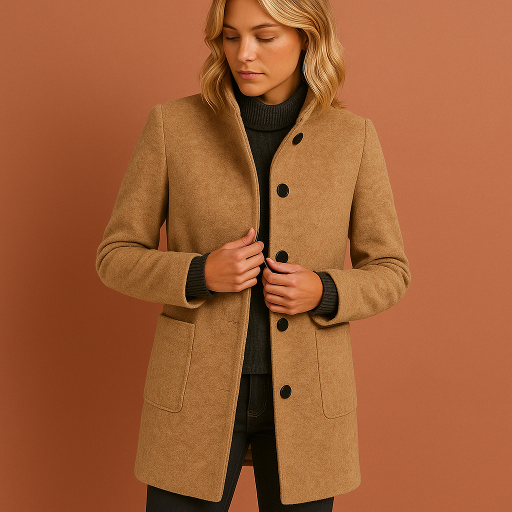 Veelzijdige lange dames manteljas met klassieke knopen, essentieel voor herfstmode.