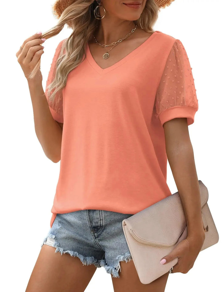 Modieuze dames V-hals top met korte mouwen, ideaal voor een casual chique en comfortabele look.