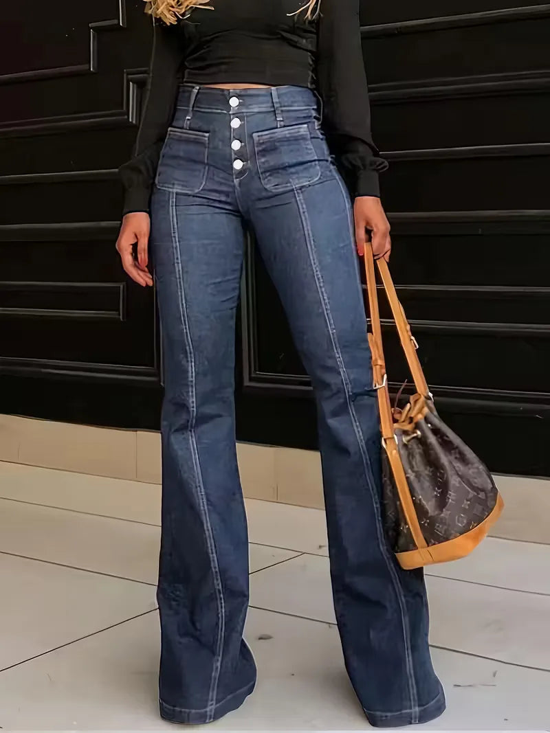 Comfortabele donkerblauwe dames flared jeans met hoge taille en wijde pijpen. Ideaal voor een trendy, casual stijl.