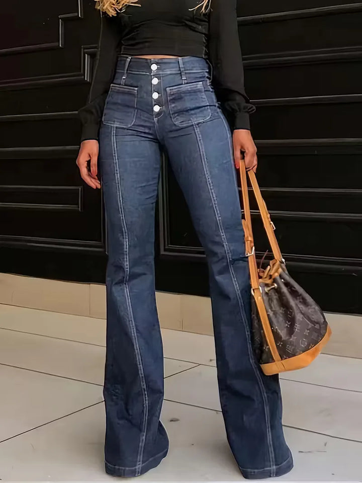 Comfortabele donkerblauwe dames flared jeans met hoge taille en wijde pijpen. Ideaal voor een trendy, casual stijl.