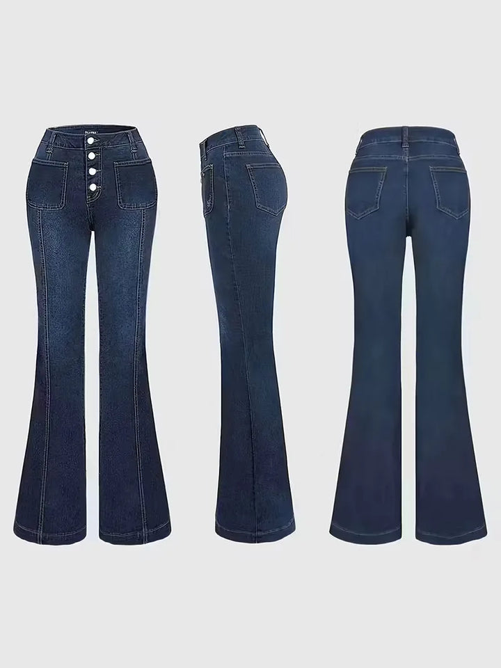 Modieuze dames flared jeans in donkerblauw. Hoge taille en wijde pijpen zorgen voor een trendy en comfortabele pasvorm.