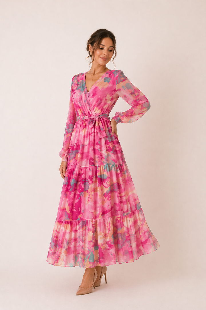 Dames gebloemde midi-jurk met lange mouwen, ideaal voor lente/zomer. Elegante bloemenprint voor elke gelegenheid.