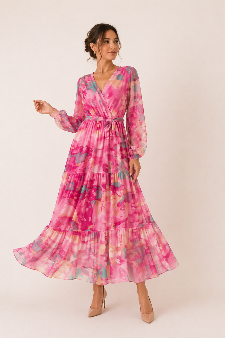 Chique roze midi-jurk voor dames met prachtige bloemenprint en lange mouwen. Perfecte casual lente outfit.