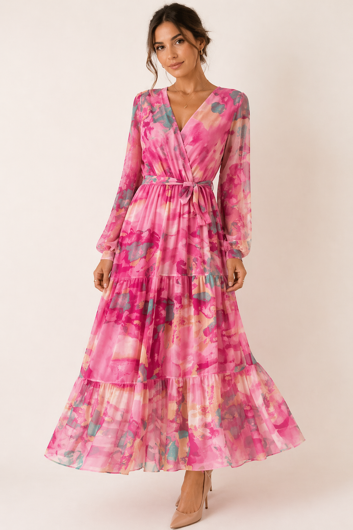 Comfortabele gebloemde dames midi-jurk met verstelbare lange mouwen. Trendy bloemenprint voor lente en zomer.