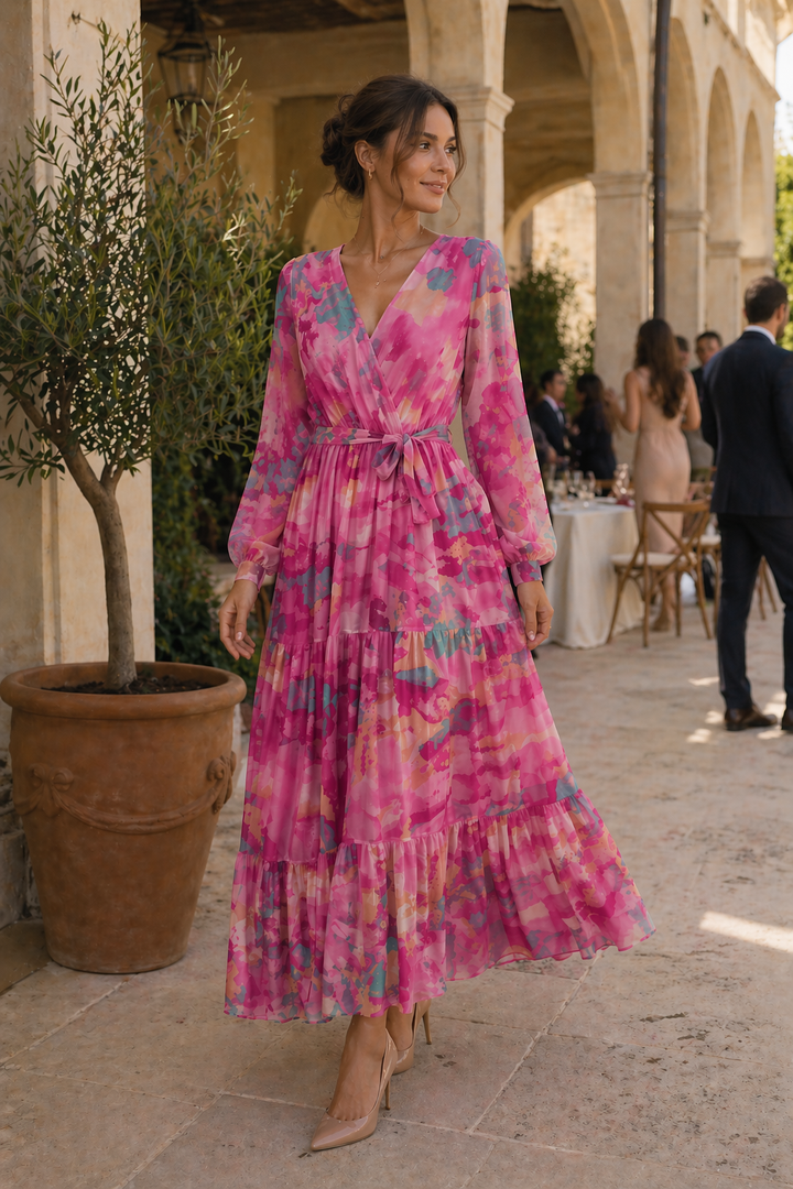 Vrouwenkleding: Lente gebloemde midi-jurk met lange mouwen. Veelzijdig en elegant, met levendige bloemenprint.