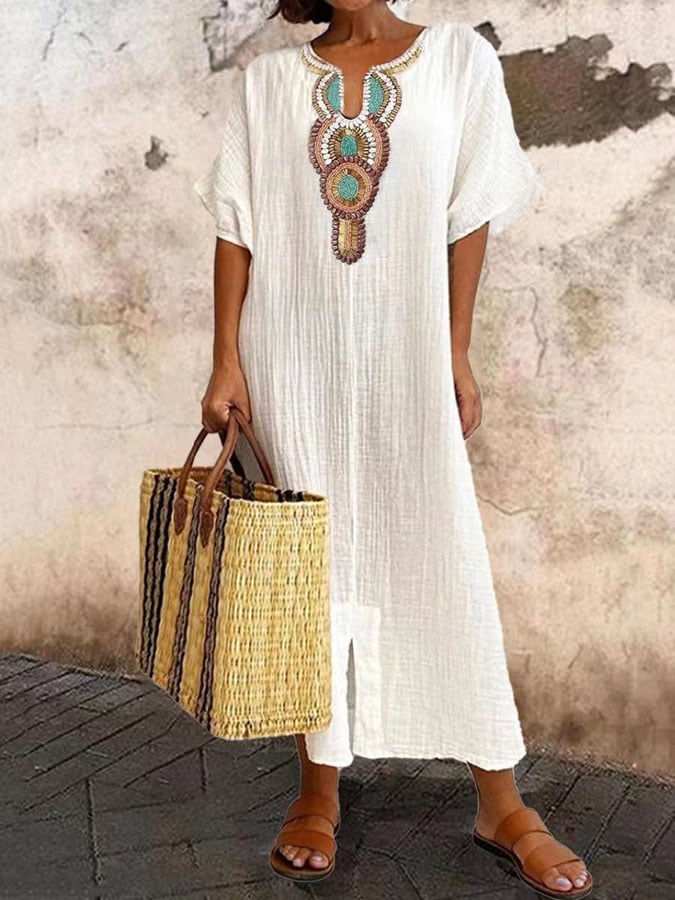 Boho-stijl dames maxi kaftan zomerjurk met elegant borduurwerk, perfect voor de zomer.