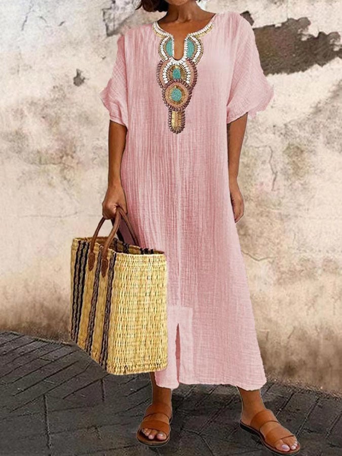 Elegante dames maxi kaftan zomerjurk met geborduurd detail, losvallend en stijlvol.