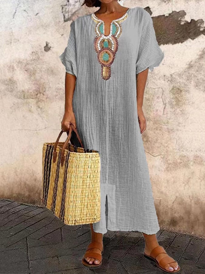Lichtgewicht dames geborduurde maxi kaftan, comfortabele zomerjurk voor vakantie.