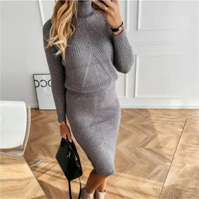 Warme winterjurk: gebreide trui-jurk voor dames, comfortabel en modieus.