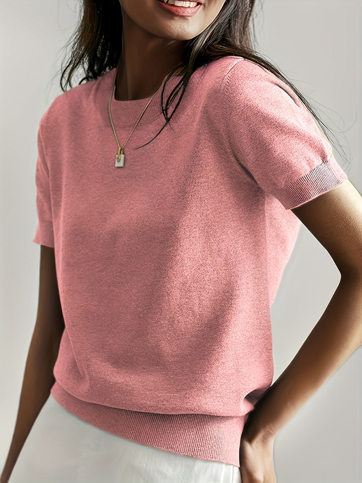Vrouwen gebreide sweater met korte mouwen, ronde hals, veelzijdig en stijlvol ontwerp.