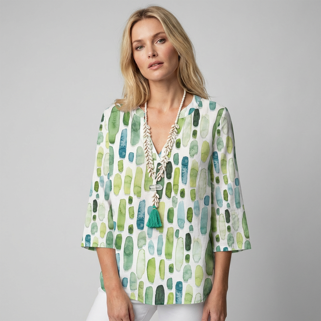 Dames geometrische V-hals blouse met 3/4 mouw, modieus voor casual of kantoor. Comfortabele damesmode.