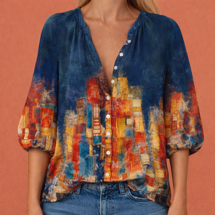 Dames geprinte blouse met V-hals en knoopsluiting, ideaal voor zomer en lente, veelkleurig en stijlvol.
