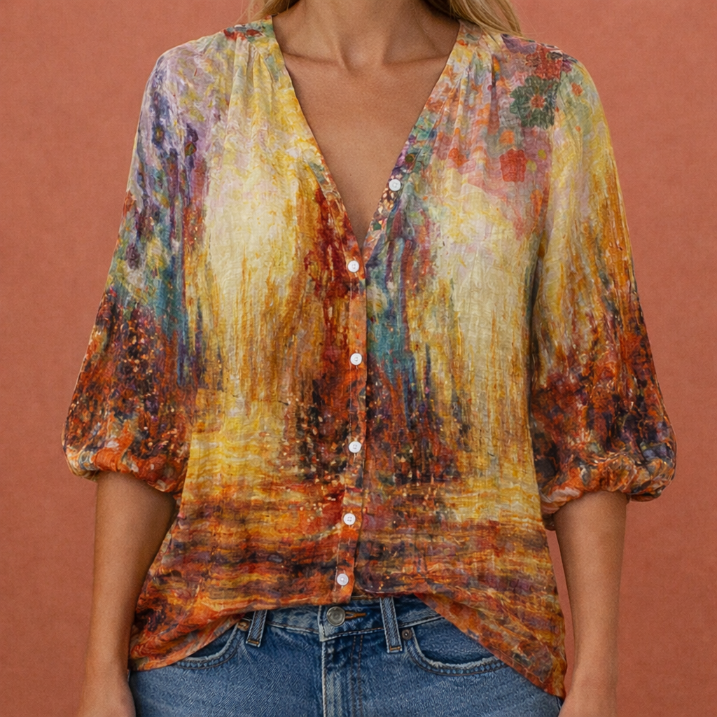Comfortabele damesblouse met korte mouw, geprinte stof, V-hals en praktische knoopsluiting.