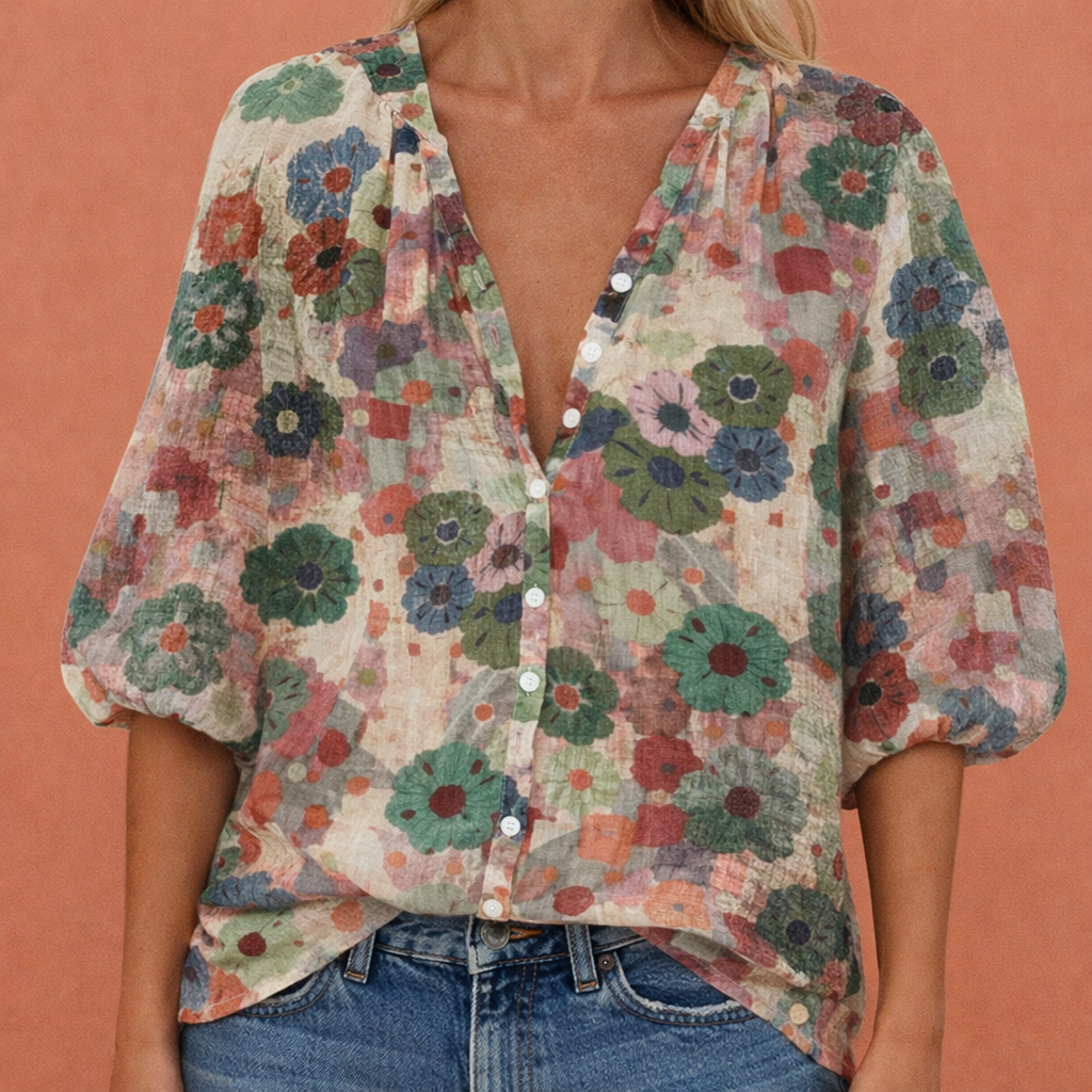 Moderne losvallende dames blouse met V-hals, geprinte patroon en knoopsluiting, perfect voor casual mode.