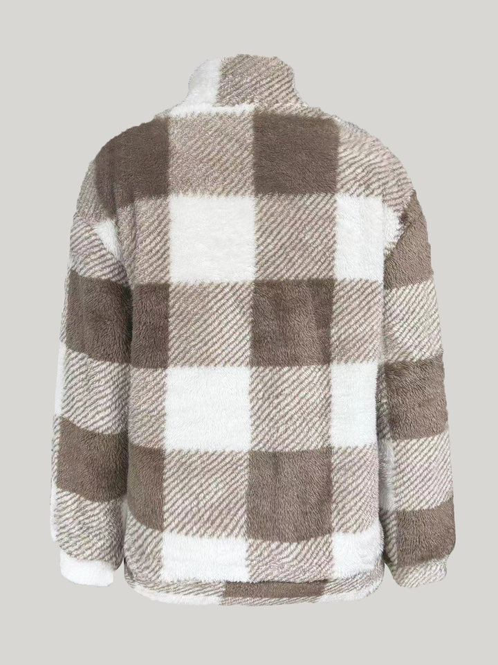 Veelzijdige geruite dames hoodie met ritssluiting en reverskraag, perfect voor lagen en casual outfits.