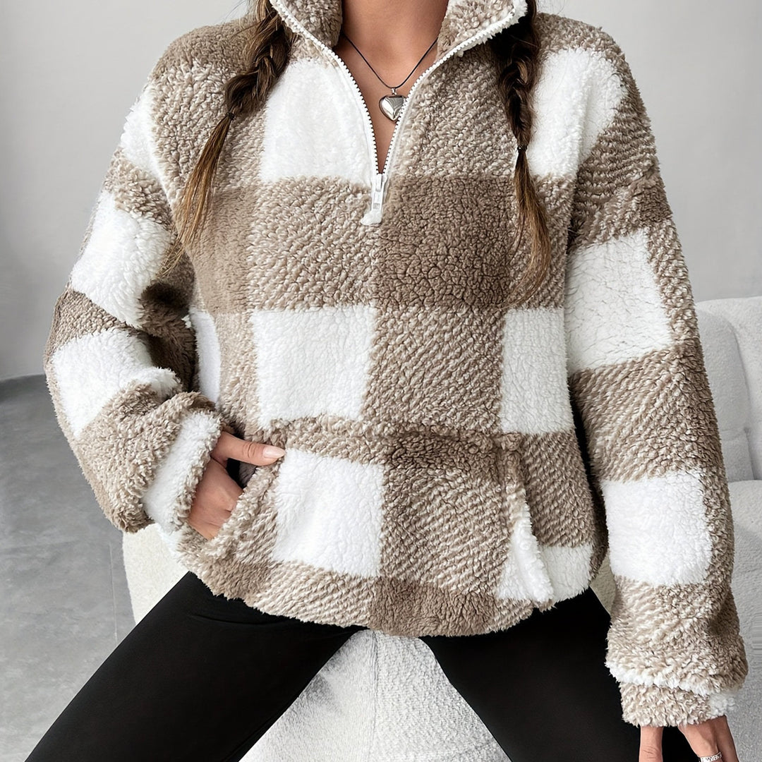 Dames geruite hoodie met praktische ritssluiting en reverskraag, comfortabel, stijlvol en veelzijdig.