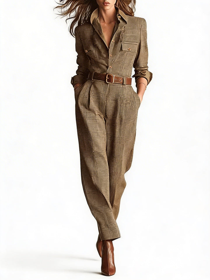 Dames geruite jumpsuit met kraag, elegant en stijlvol, perfect voor zakelijke of casual gelegenheden.