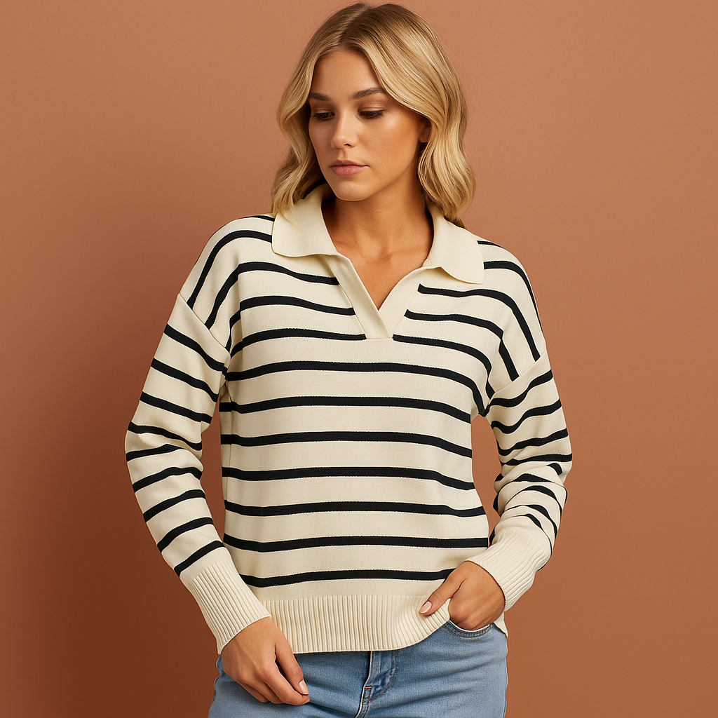 Model draagt comfortabel gestreept dames polo shirt met lange mouwen, ideaal voor een casual of fashion look.
