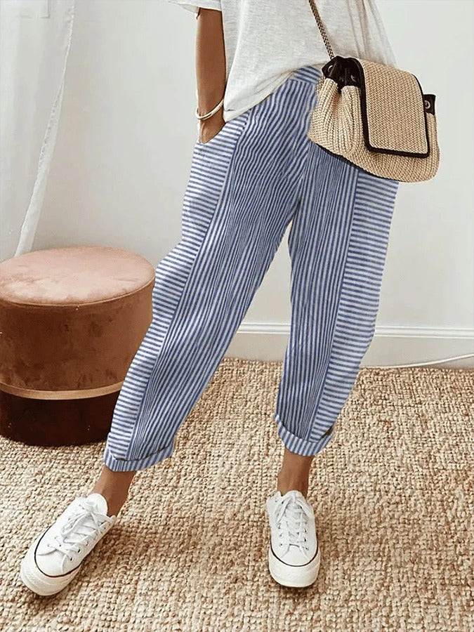 Dames gestreepte katoenen zomerbroek met koord, hoge taille, modieus en comfortabel voor casual draagmomenten.