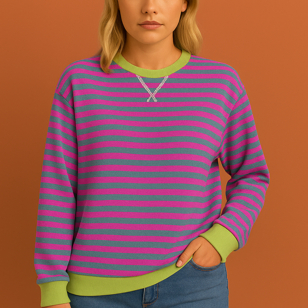 Modieuze dames trui met klassieke strepen. Ideaal als warme en comfortabele wintermode.