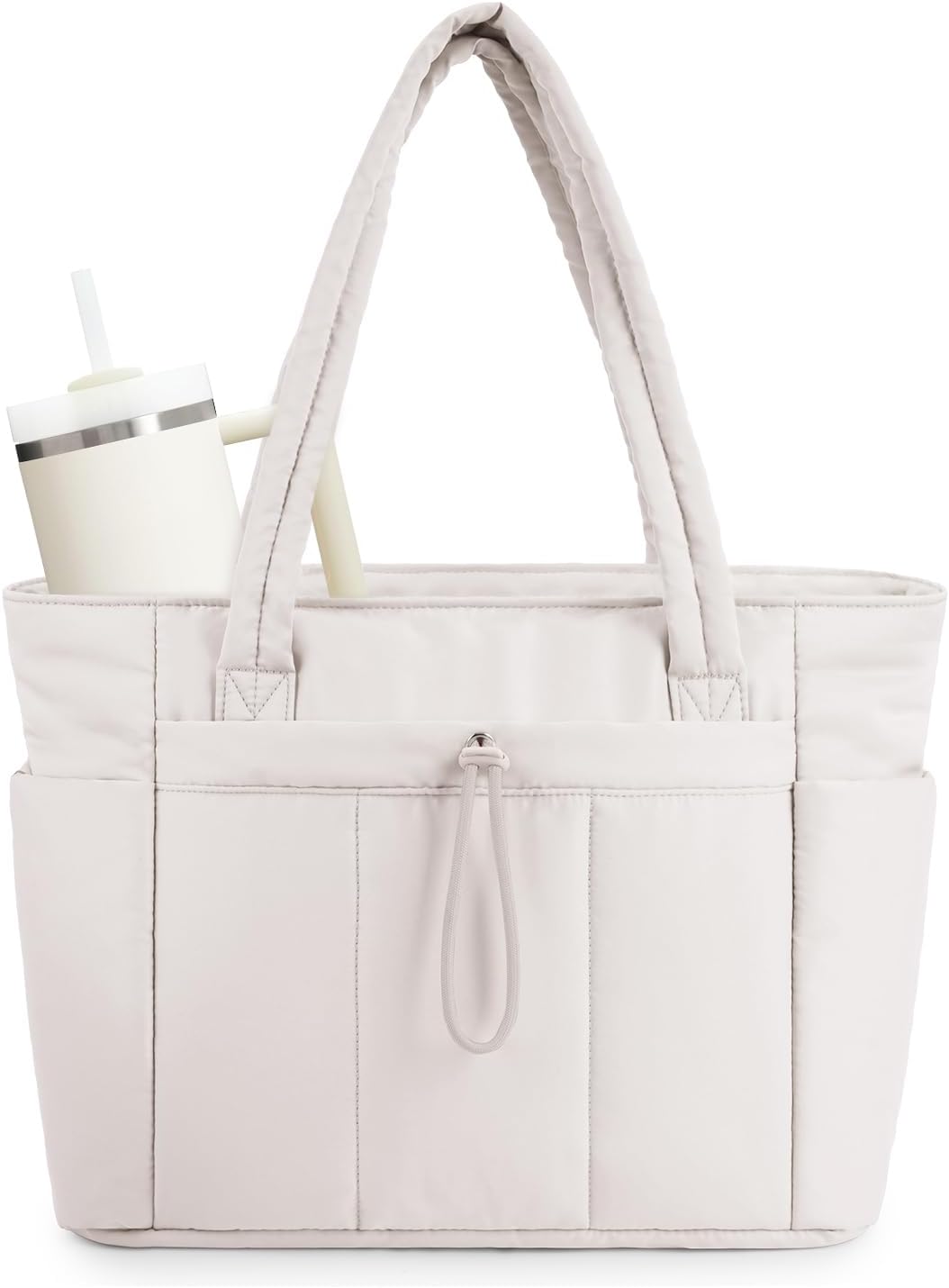 Dames gewatteerde puffer schoudertas met bekerhouder en laptopvak, perfect voor werk.