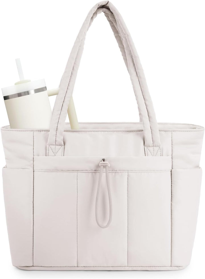 Dames gewatteerde puffer schoudertas met bekerhouder en laptopvak, perfect voor werk.