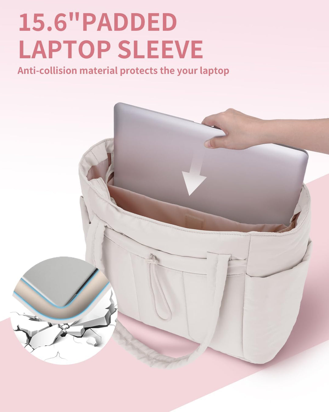 De ideale werktas voor dames: gewatteerde puffer, met bekerhouder en apart laptopcompartiment.