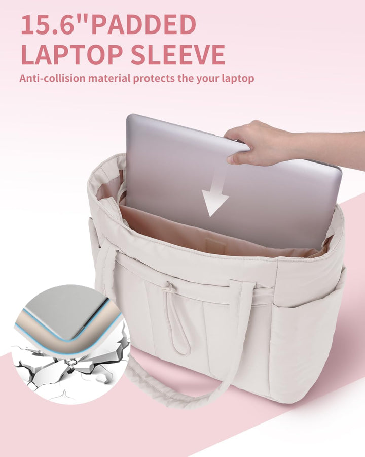 De ideale werktas voor dames: gewatteerde puffer, met bekerhouder en apart laptopcompartiment.