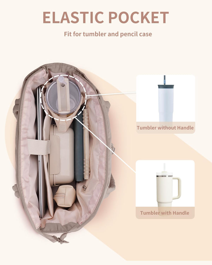 Quilted dames tote met laptop sleeve en bekerhouder, ideaal als werktas of reistas.