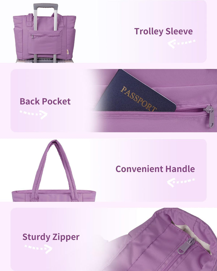 Stijlvol reizen met deze dames puffer tas: gewatteerd, met bekerhouder en laptop sleeve.
