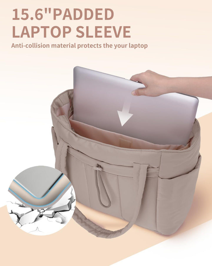 Stijlvolle dames puffer tas, gewatteerd, met handig laptop- en bekerhouder voor onderweg.