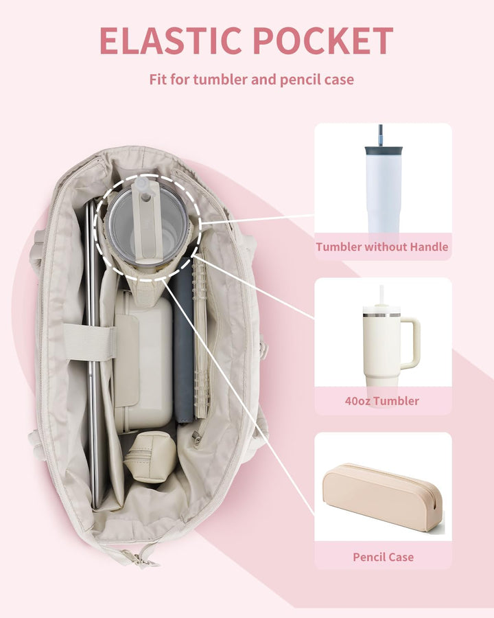 Functionele dames schoudertas: gewatteerd design, bekerhouder en laptopvak voor reizen.