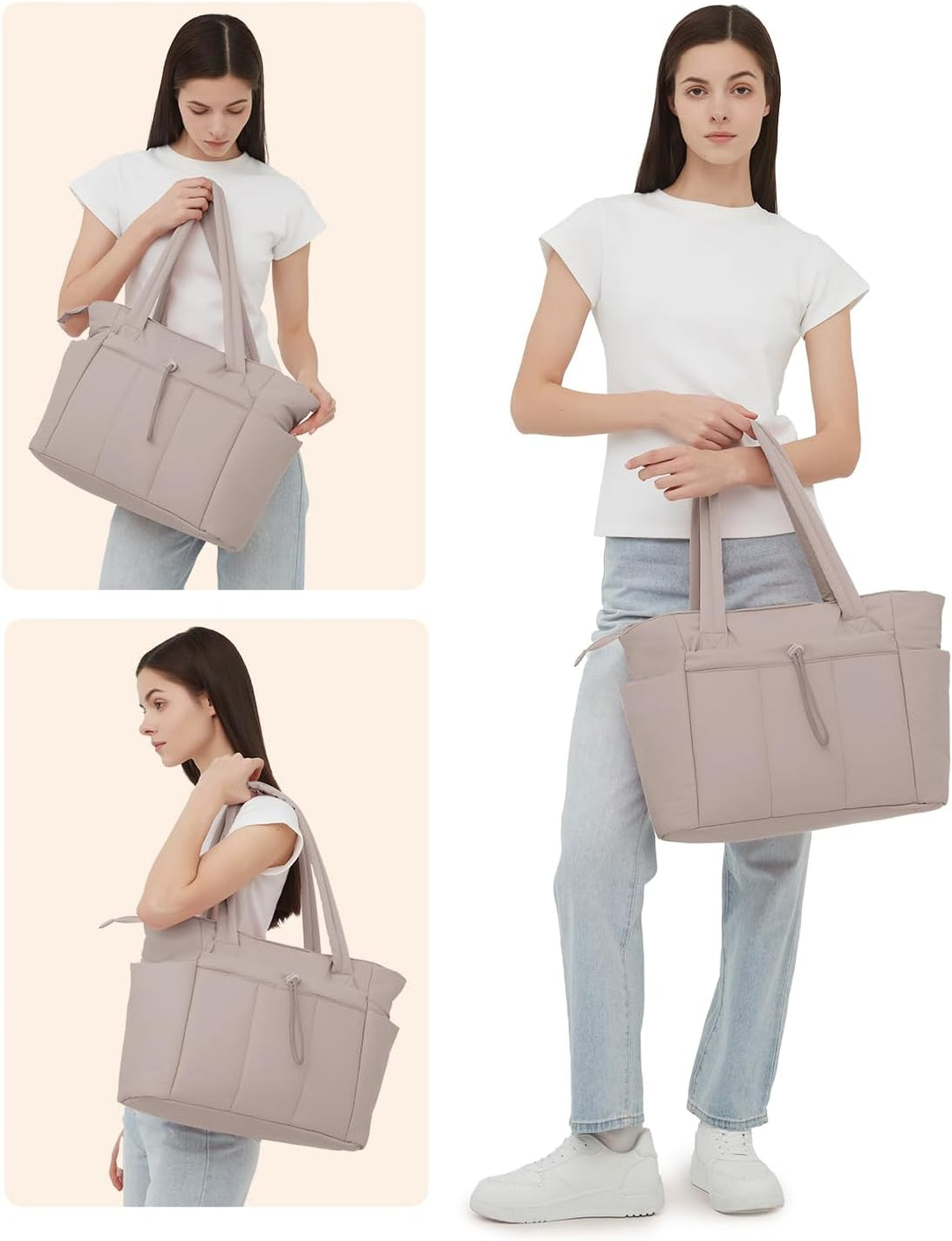 Gewatteerde puffer schoudertas voor dames, organisatie met bekerhouder en laptopcompartiment.