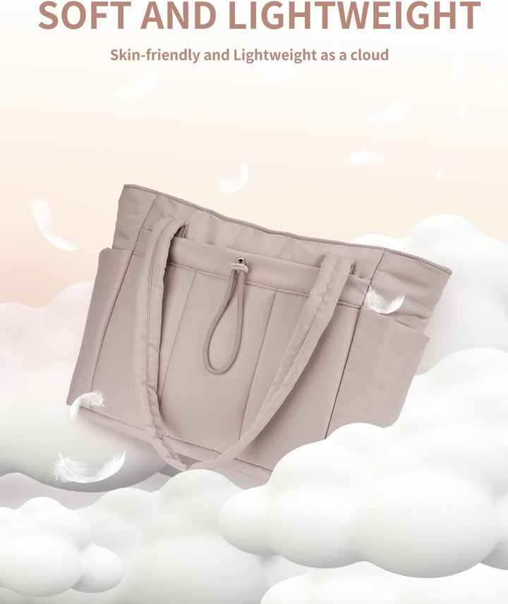 Modieuze dames reistas, puffer materiaal, met speciaal laptopvak en bekerhouder.