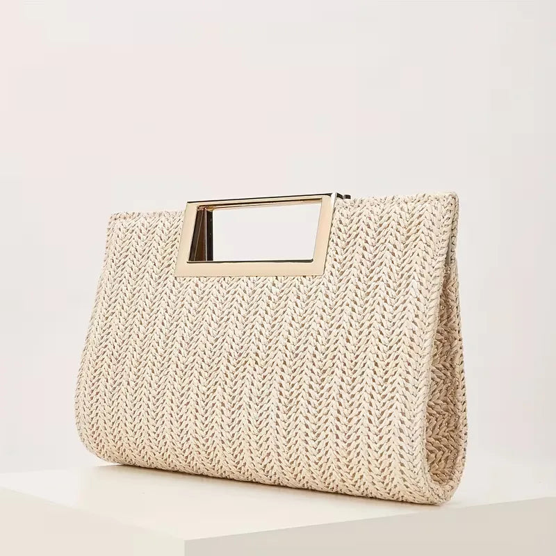 Zwarte geweven avondtas voor dames, met unieke vierkante handgreep. Elegante clutch voor speciale gelegenheden.