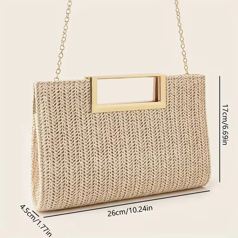 Chique geweven clutch met vierkante handgreep voor dames. Een feestelijke avondtas in diverse kleuren.
