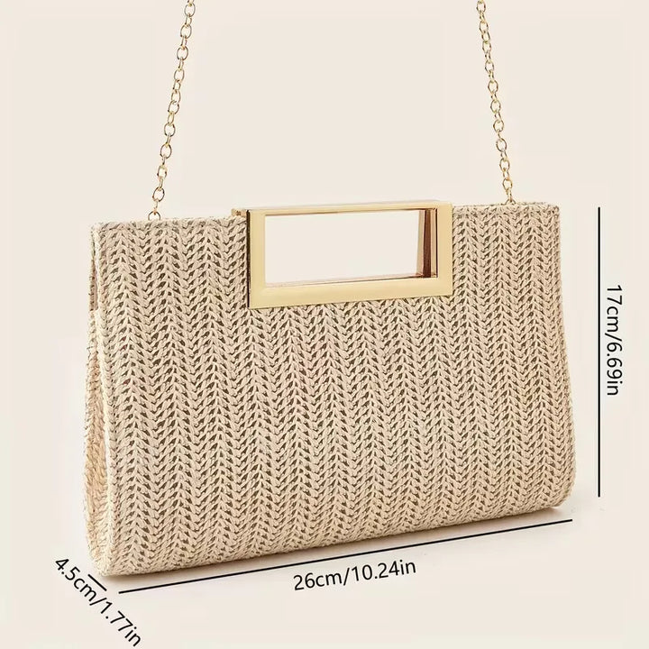 Chique geweven clutch met vierkante handgreep voor dames. Een feestelijke avondtas in diverse kleuren.
