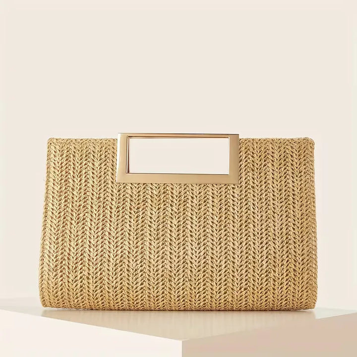 Dames clutch: geweven design met elegante vierkante handgreep. Perfecte smart-casual handtas accessoire.