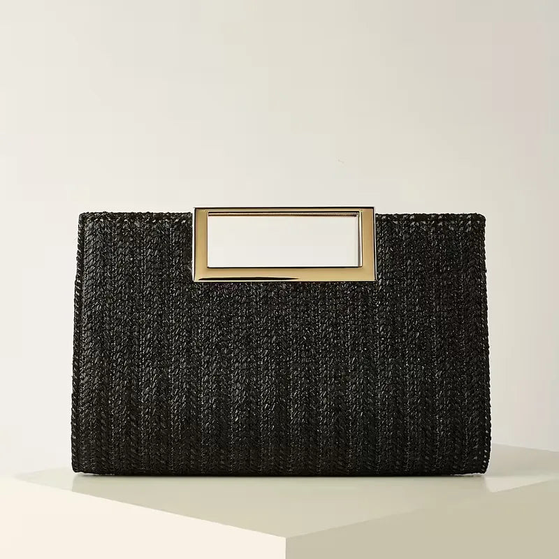 Zwarte geweven clutch. Stijlvolle dames handtas met vierkante handgreep, perfect voor feestelijke outfits.