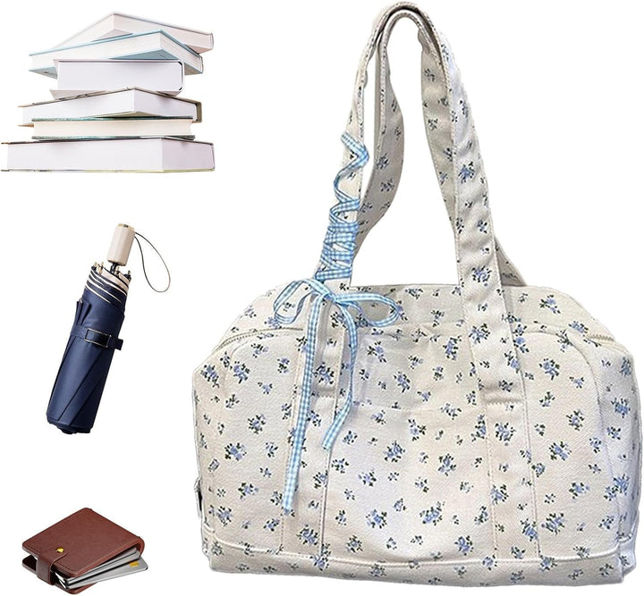 Dames grote canvas reistas met opvallend lintdetail, ideaal als weekendtas of schoudertas.