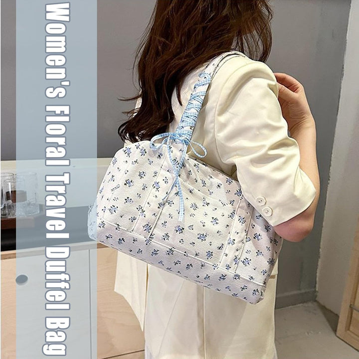 Veelzijdige blauwe canvas tas voor dames, grote weekendtas met chique lint, lichtgewicht en ruim.