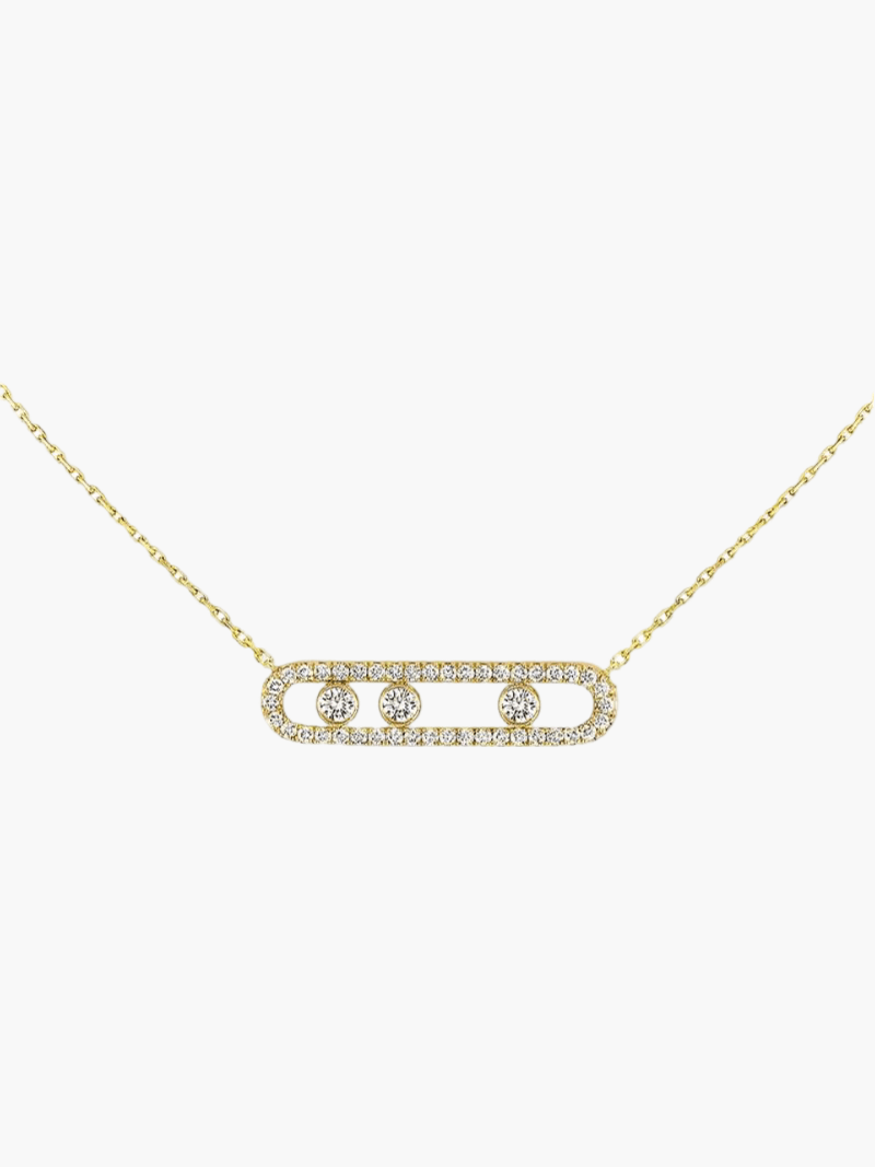 Luxe damesketting met zwevende diamanten, verkrijgbaar in goud, zilver en roségoud.