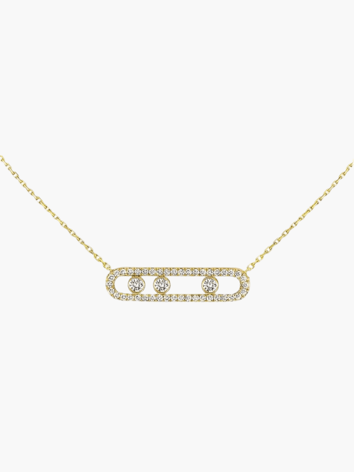 Luxe damesketting met zwevende diamanten, verkrijgbaar in goud, zilver en roségoud.