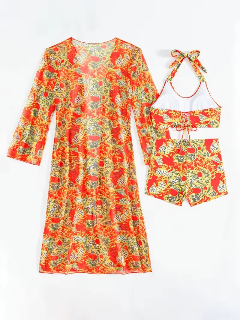 Lichte en luchtige dames halter cover-up set met shorts, voor warme zomerdagen.