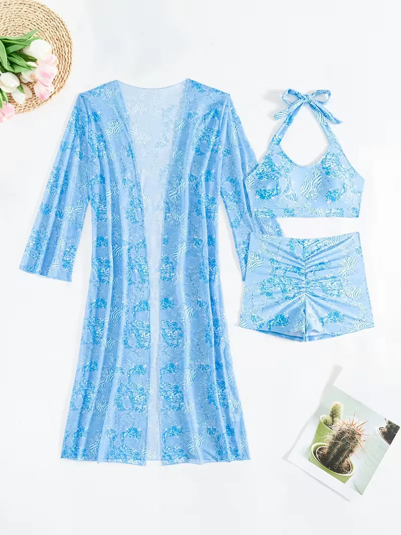 Bohemian dames halter cover-up set met shorts, stijlvol voor elke vakantiebestemming.