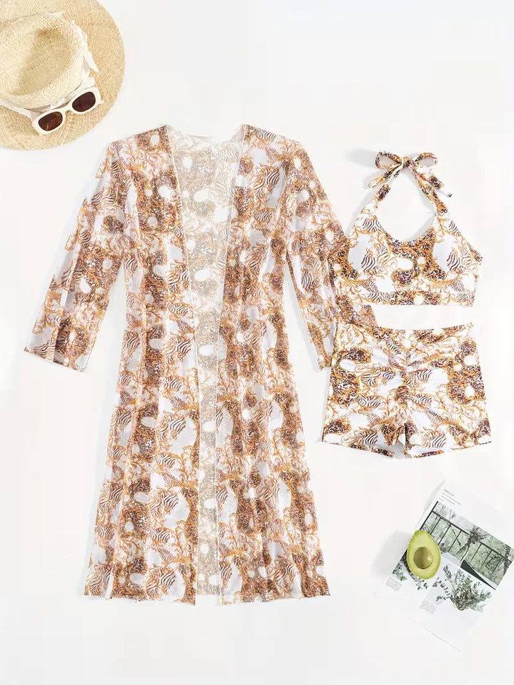 Stijlvolle dames tweedelige halter cover-up set met shorts, voor een dagje uit.