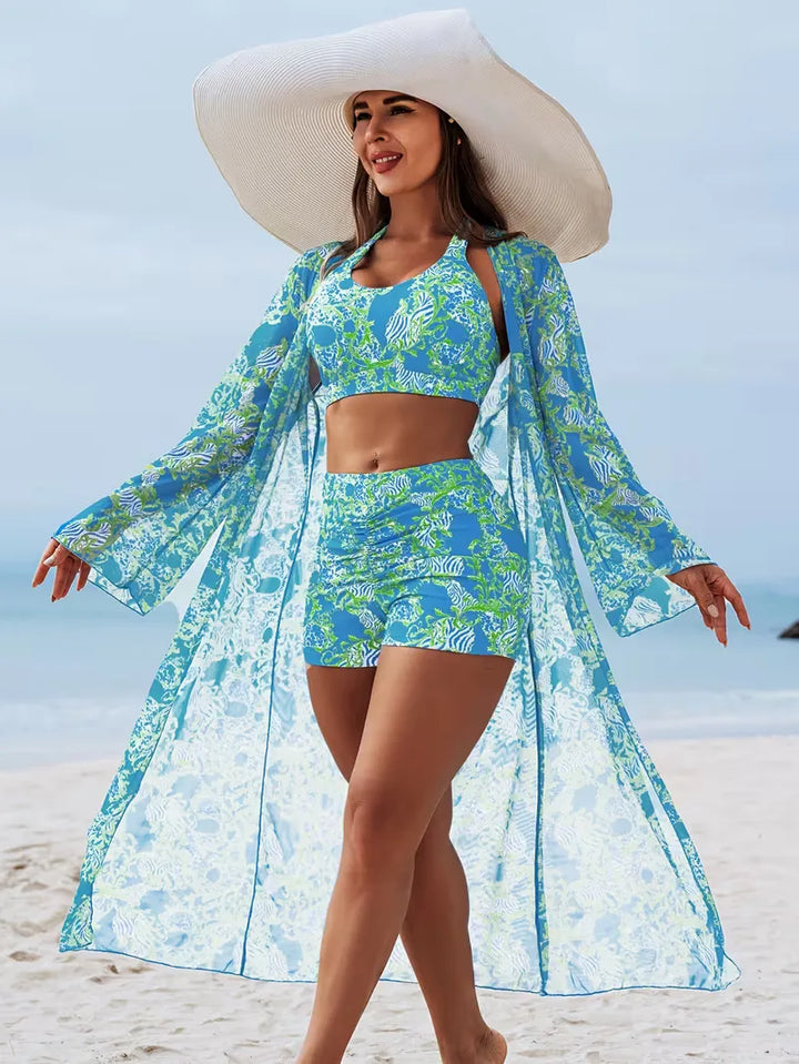 Trendy dames halter cover-up set met shorts, ideaal voor een snelle overgang.