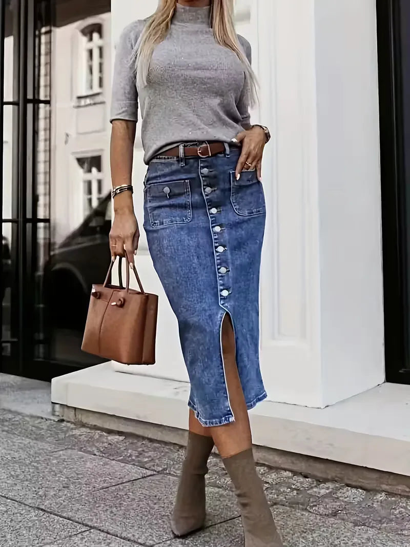 Dames high-waist denim midi-rok met elegante split en knoopsluiting in koningsblauw.