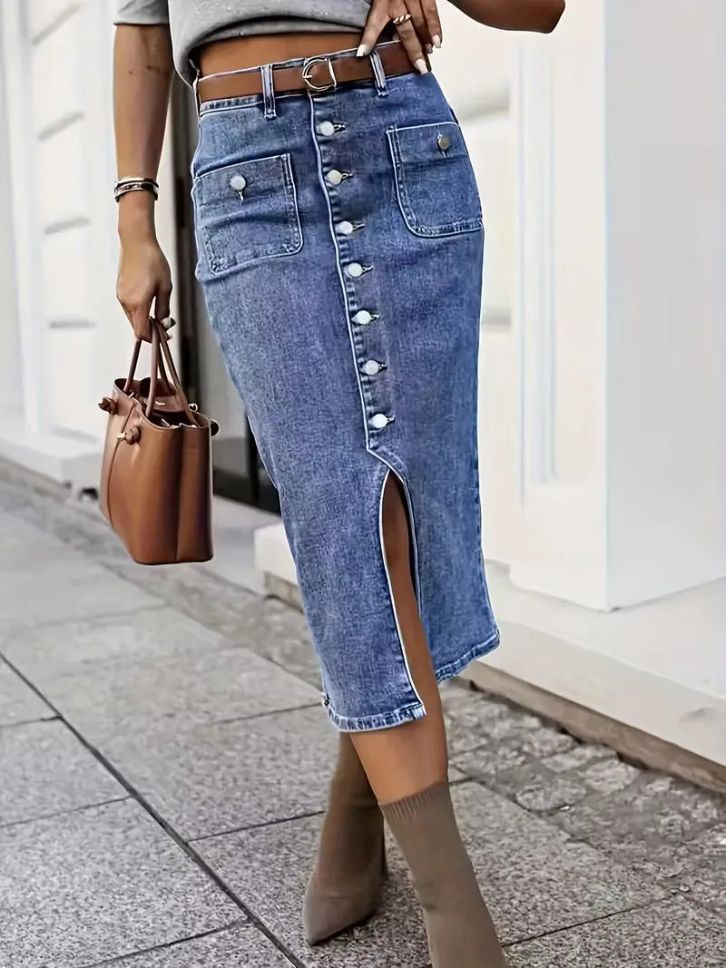 Elegante dames denimrok met hoge taille en modieuze split. Koningsblauwe midi-rok, ideaal voor zomer.