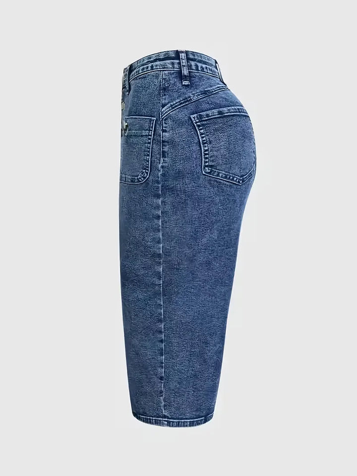 Koningsblauwe midi-denimrok voor dames, met hoge taille en trendy split. Perfect voor een casual look.